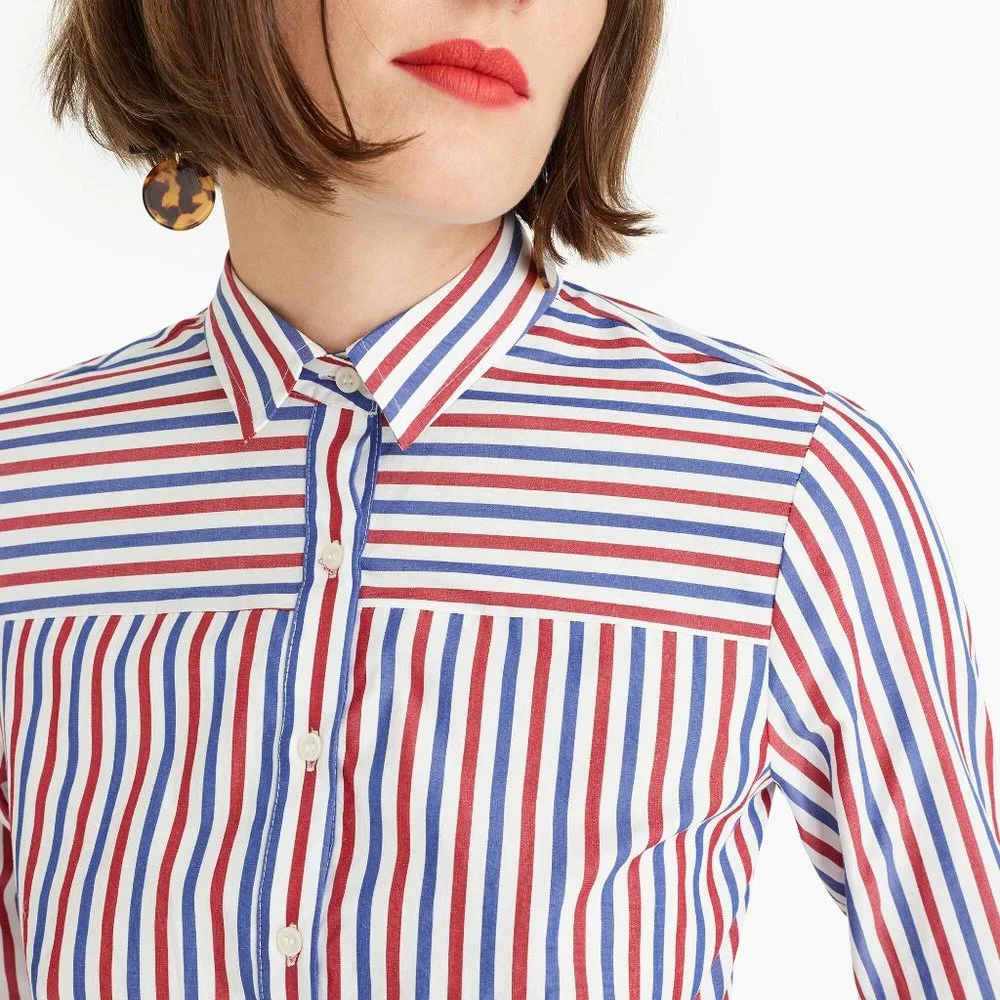 NWT Womens Size 00 J Crew Red White Blue Stripe Tie-Waist Navy Shirt Dress